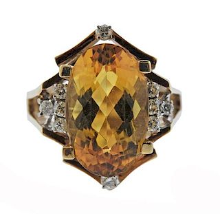14K Gold Diamond Orange Stone Ring