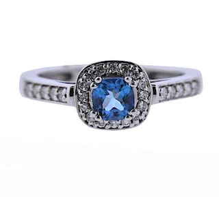 14K Gold Diamond Blue Topaz Halo Ring