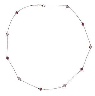 14K Gold Diamond Ruby Station Necklace