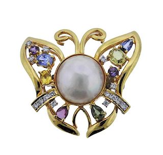 18k Gold Pearl Diamond Gemstone Butterfly Brooch 
