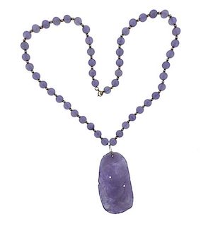 14k Gold Carved Lavender Stone Bead Necklace