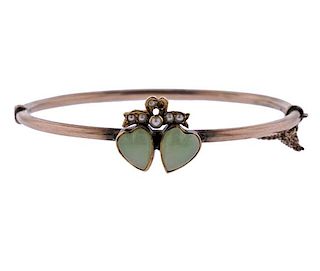 Antique 10K Gold Pearl Green Stone Heart Bangle Bracelet