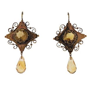 Antique 14K Gold Citrine Dangle Earrings