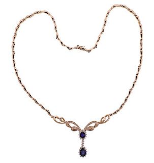 14K Gold Diamond Sapphire Drop Pendant Necklace 