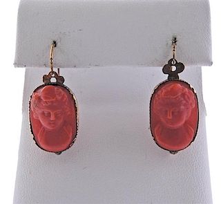 Antique 10K Gold Carved Coral Cameo Earrings