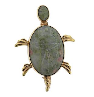 14K Gold Green Stone Turtle Brooch Pin