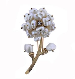 14K Gold Diamond Pearl Flower Brooch Pin
