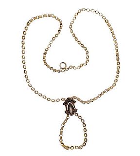 Antique Victorian 14K Gold Pearl Enamel Pendant Fob Chain