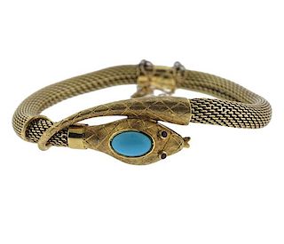 18K Gold Turquoise Ruby Snake Mesh Bracelet