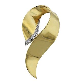 Large 18K Gold Diamond Ribbon Brooch Pin