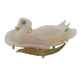 14K Gold Carved Coral Blue Stone Swan Brooch Pin