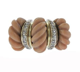 Antique 14K Gold Diamond Carved Coral Ring