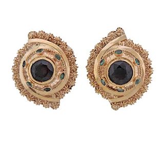 18K Gold Garnet Emerald Earrings