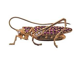 18k Gold Diamond Red Stone Insect Brooch 