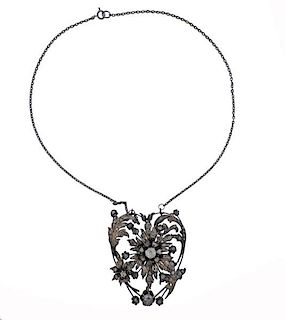 Antique Silver Rose Cut Diamond Large Pendant Necklace 