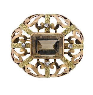 14K Gold Diamond Citrine Brooch Pendant