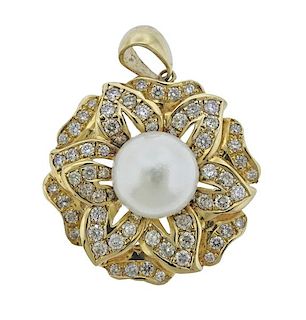 14K Gold Diamond Pearl Flower Pendant