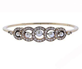 Antique 14K Gold Diamond Pearl Bangle Bracelet