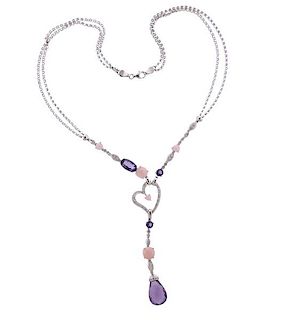 18K Gold Diamond Amethyst Quartz Heart Dangle Pendant Necklace