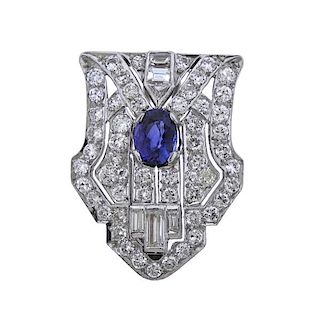 Art Deco Platinum Diamond Sapphire Brooch Clip