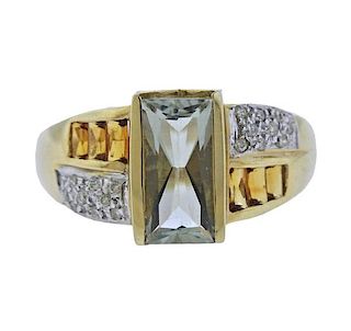 14K Gold Diamond Citrine Green Amethyst Ring