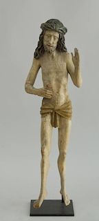 EUROPEAN LATE MEDIEVAL CARVED AND PAINTED WOOD FIGURE OF CHRIST DISPLAYING WOUNDS OF THE CRUCIFIXION