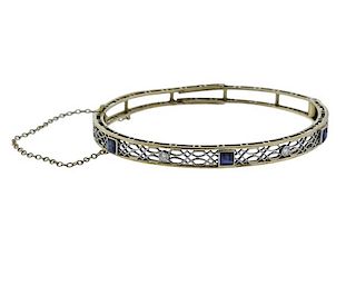 Art Deco 14K Gold Diamond Blue Stone Bangle Bracelet