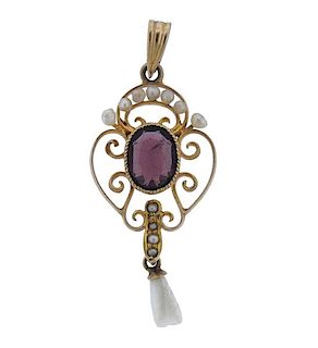 Antique Victorian 14K Gold Pearl Red Stone Pendant 