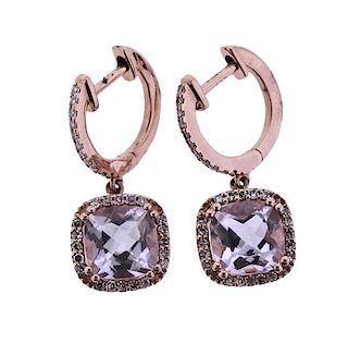14K Gold Diamond Amethyst Huggie Dangle Earrings
