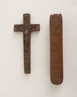 RELIEF-CARVED FRUITWOOD PEN CASE AND A CARVED WALNUT CRUCIFIX