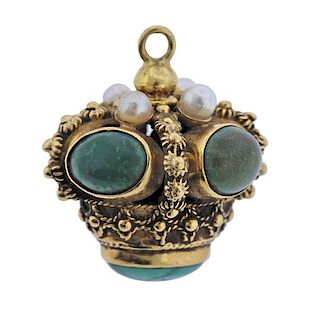 Etruscan Style 18K Gold Pearl Green Stone Pendant