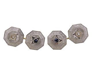 Art Deco Platinum 14K Gold Diamond Blue Stone Cufflinks