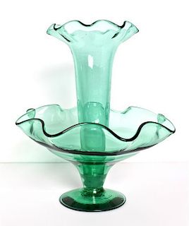 A Green Glass Epergne, Height 12 x diameter 11 inches.