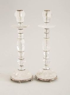 PAIR OF FLEMISH BAROQUE STYLE SILVERED METAL AND ROCK CRYSTAL CANDLESTICKS
