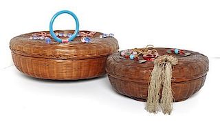 Two Victorian Sewing Baskets, Diameter of larger 10 1/4 inches.