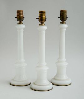 SET OF THREE MILK GLASS COLUMNAR FORM TABLE LAMPS