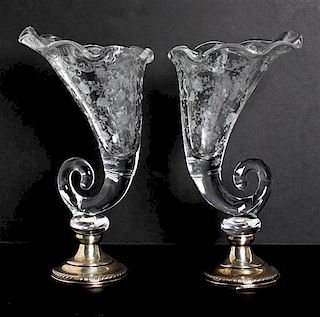 A Pair of Glass and Silver Vases, Height 11 1/4 x diameter of base 3 1/2 inches.