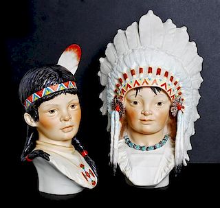 Two Cybis Porcelain Busts of Native American Children, Height of boy 12 1/2 x width 7 3/4 x depth 6 inches.