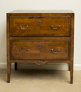 ITALIAN NEOCLASSICAL WALNUT AND FRUITWOOD PARQUETRY COMMODE