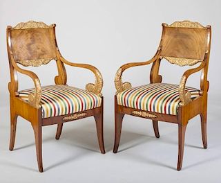 PAIR OF RUSSIAN NEOCLASSICAL BLEACHED MAHOGANY AND PARCEL-GILT ARMCHAIRS