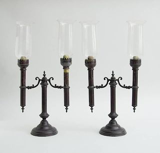 PAIR OF VICTORIAN BLACK-PAINTED METAL TWO-LIGHT CANDELABRA
