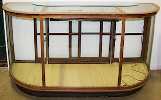 oak store display case with curved glass ends