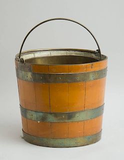 VICTORIAN BRASS-BOUND PAINTED FRUITWOOD PEAT BUCKET