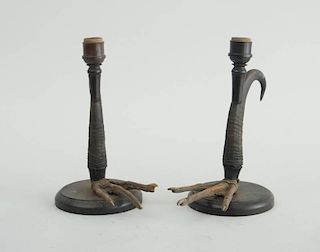 STAG'S HORN HALL LANTERN AND A PAIR OF CLAW CANDLESTICKS
