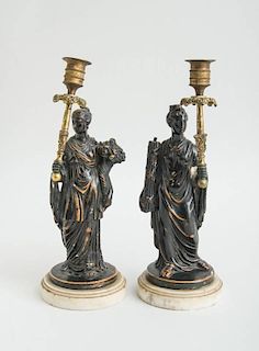 PAIR OF ENGLISH GILT-BRONZE AND PAINTED COMPOSITION CANDLESTICKS