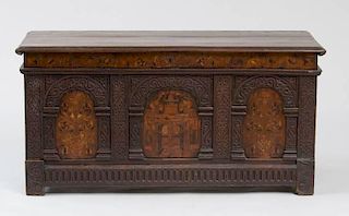 WILLIAM AND MARY STYLE INLAID AND CARVED OAK COFFER
