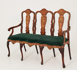 19TH C. DUTCH MARQUETRY INLAID TRIPLE BACK SETTEE