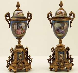 PR. OF FRENCH SEVRES GILT METAL MTD. CAPPED URNS