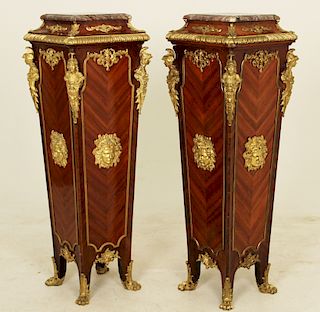 PR. OF FRENCH KINGWOOD MARBLE TOP PEDESTALS