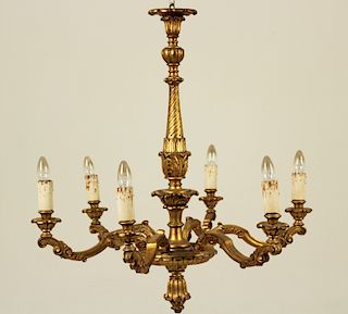 FRENCH 6 LIGHT GILDED CARVED WOOD CHANDELIER